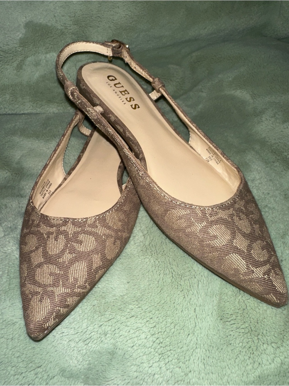 GUESS Metallic Taupe Patterned Pointed Slingback Flats